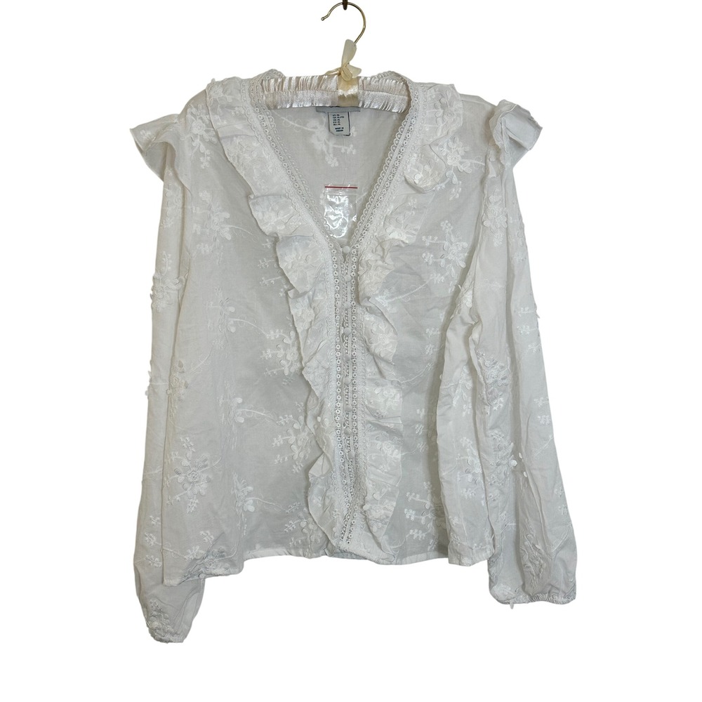 Calypso St. Barth Embroidered Peasant Blouse Size XL White Lace Appliqué Ruffle